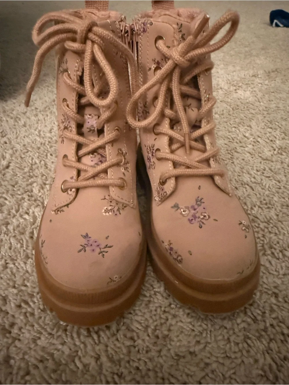 H&M Blush Pink Floral Lace-Up Kids Boots with Faux Fur Trim